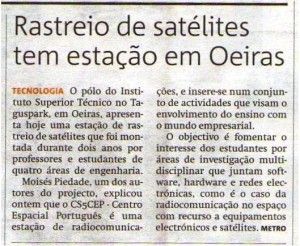 Noticia difundida pelos professores do IST acerca da colocação em funcionamento do CEP, projecto da autoria do Observatório Aeroespacial de Oeiras