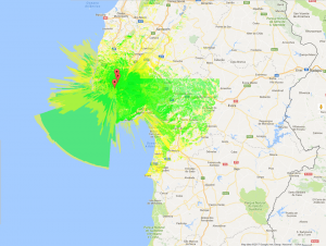 Nesta imagem, estudo das ligações por rádio em L.O.S. nas faixas frequências de VHF e UHF, dentro e para fora dos concelhos de Oeiras e Odivelas no distrito de Lisboa.